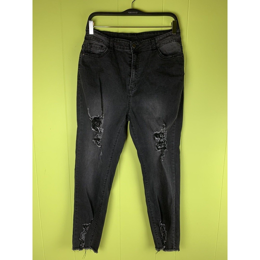 SHEIN Black Denim Jeans Women's 12 Size XL High Rise Raw Hem Distressed (31x26)